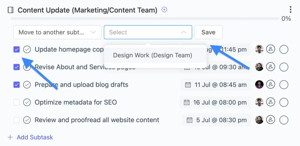 to move multiple subtasks at once, just select them. A dropdown menu will appear, choose your desired group, hit the save button, and you’re done